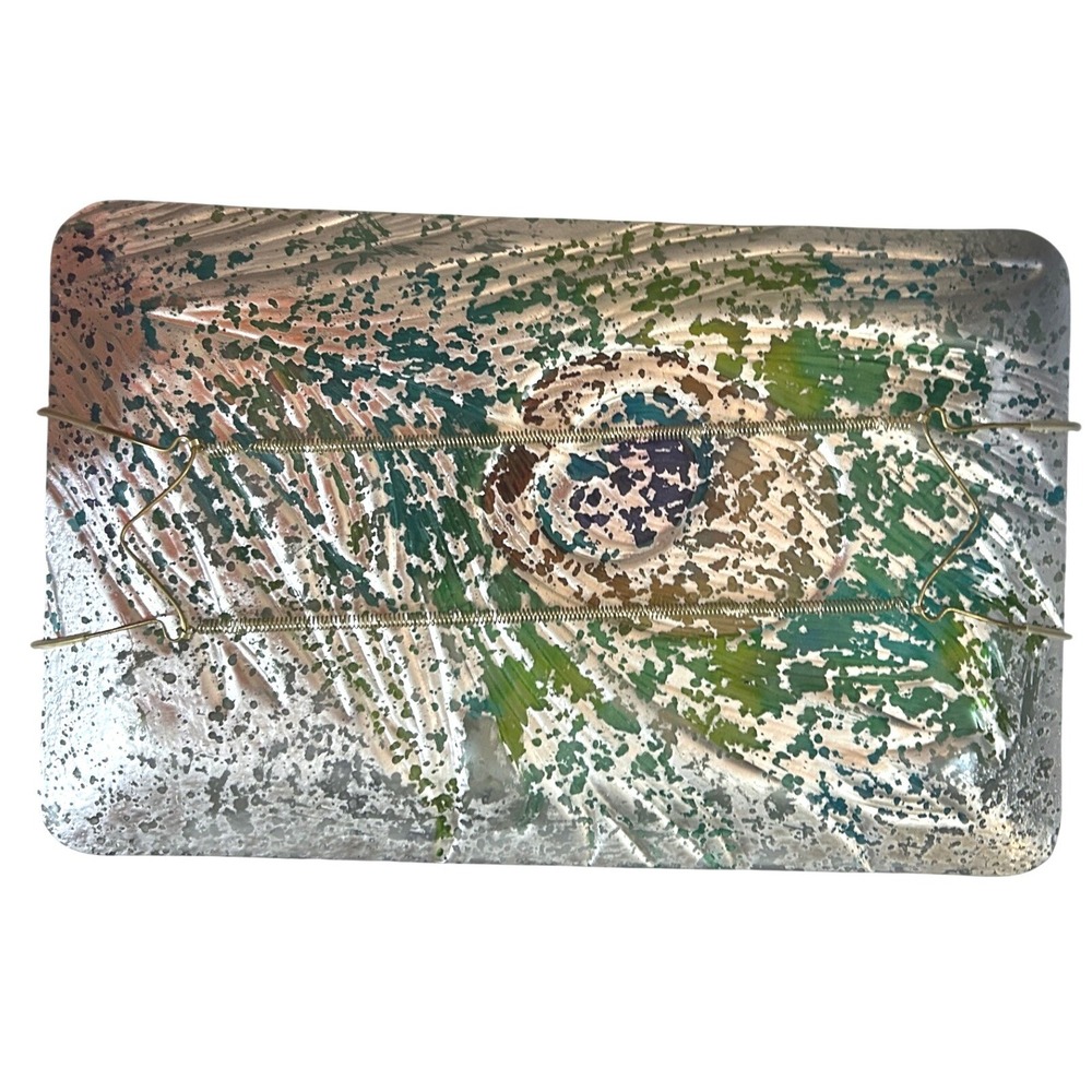 Vintage Fused Glass Peacock Feather Rectangular Plate Wall Art Decor 14in - Picture 4 of 6